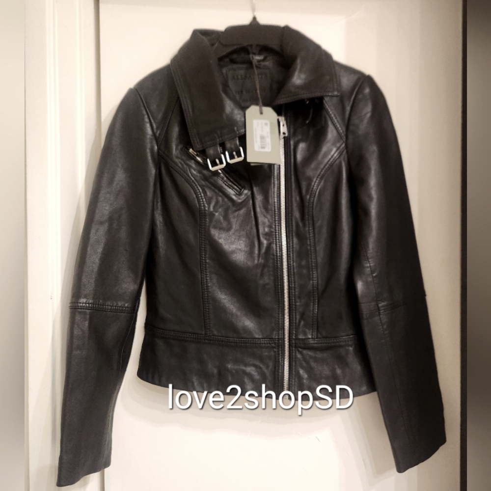 AllSaints Belvedere Biker Leather Jacket Size US 4 NWT Black - Picture 10 of 12